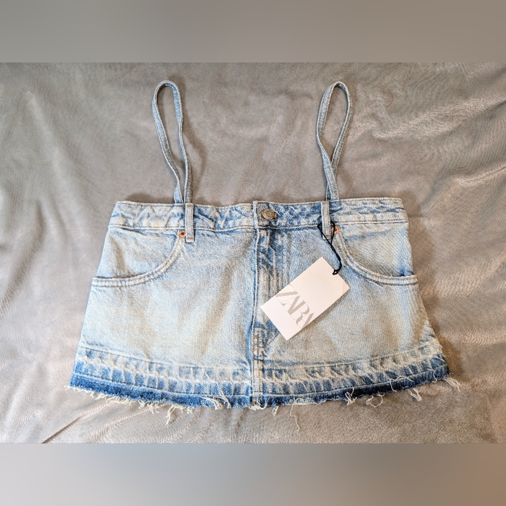 NWT ZARA Cropped Denim Spaghetti Strap Top Women’s Size XS Jean Tank Top